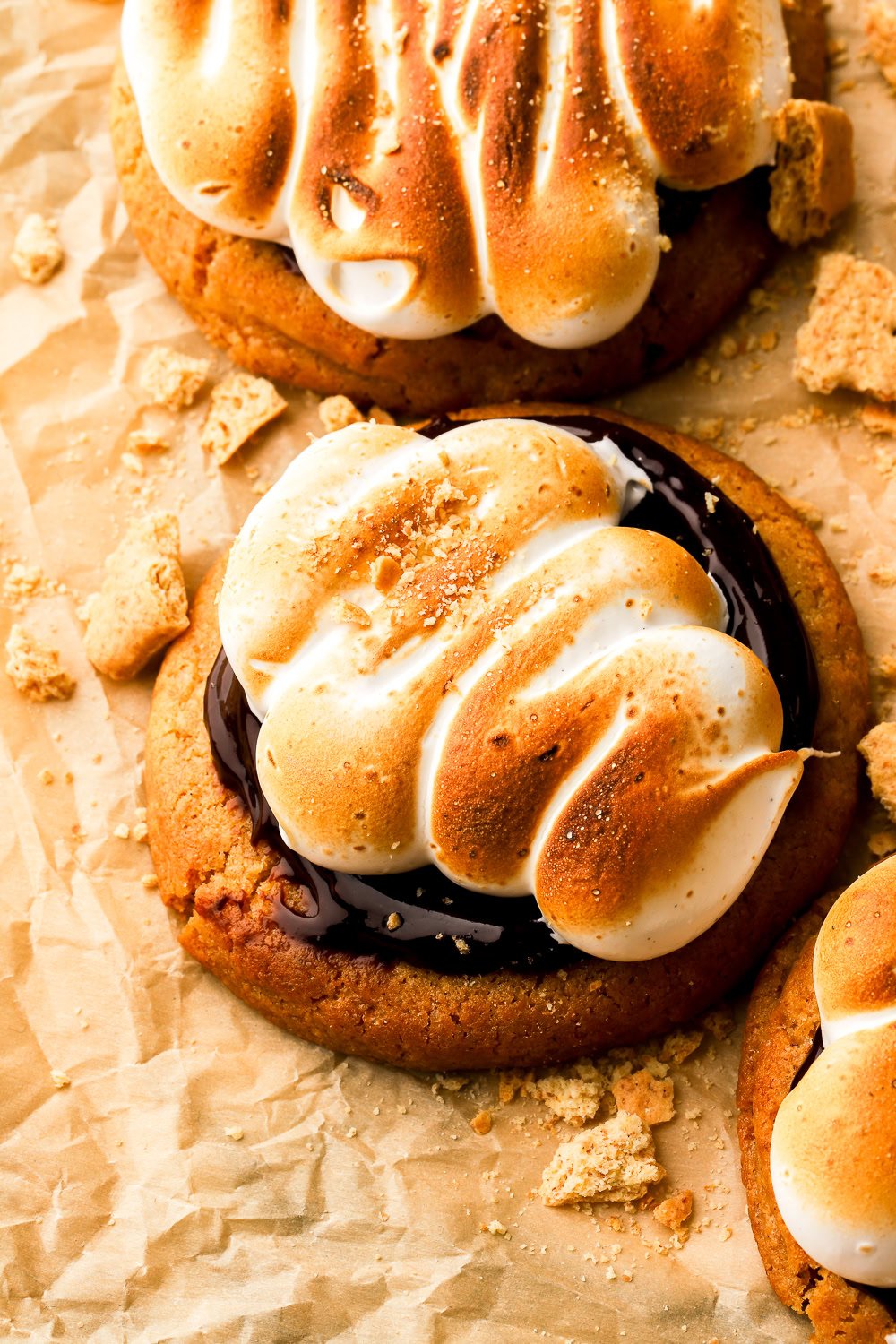 Graham cracker cookie frosted with chocolate ganache and homemade meringue