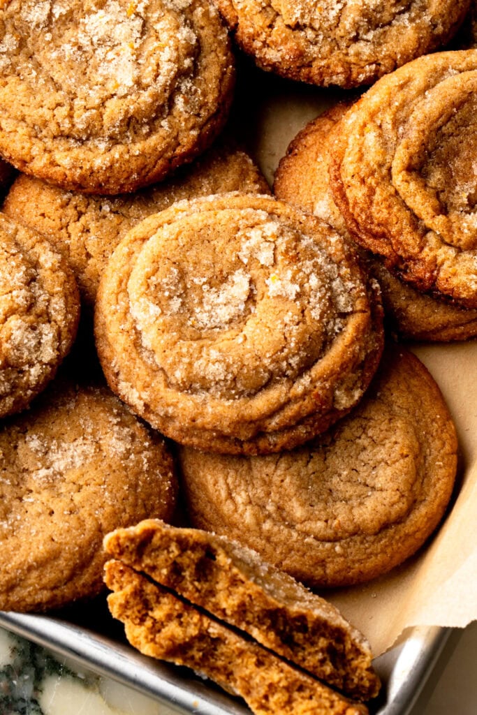 chewy gingerbread cookies in a cookie pan