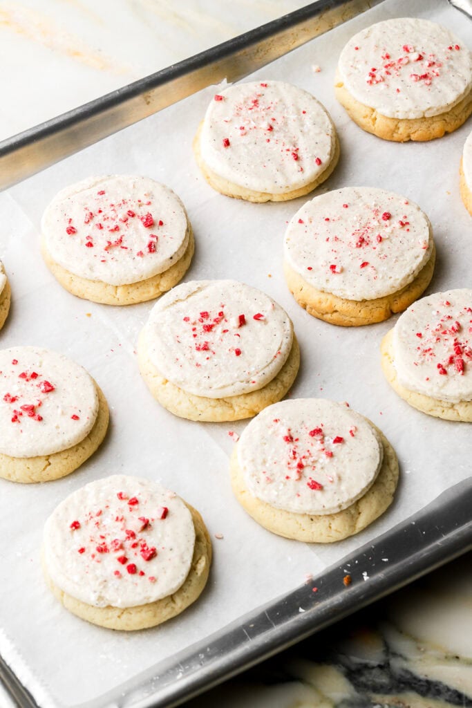 cookies topped with peppermint chocolates and shimmery spinkles