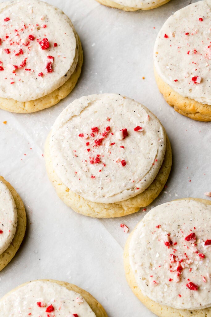 close up of peppermint chocolates on peppermint cookies