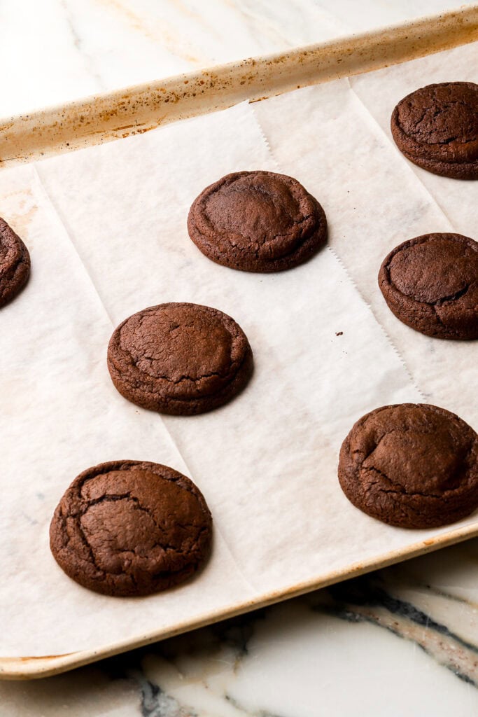 chocolate cookies finished baking on cookie sheet