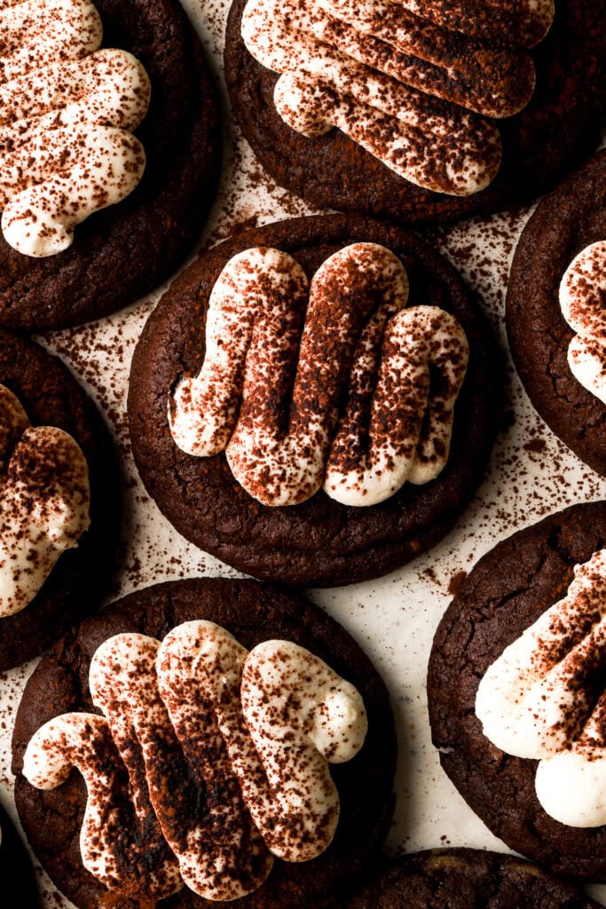 chocolate tiramisu cookies dusted with cocoa powder