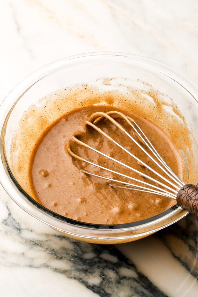 wet ingredients for chocolate cookie dough whisked together