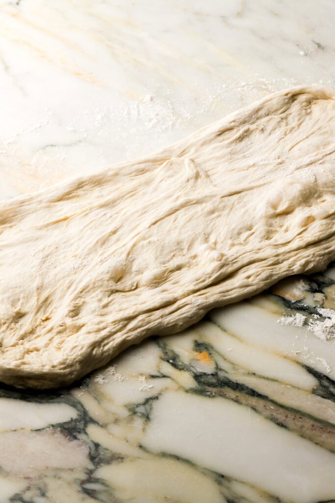 ciabatta dough stretched into a rectangle