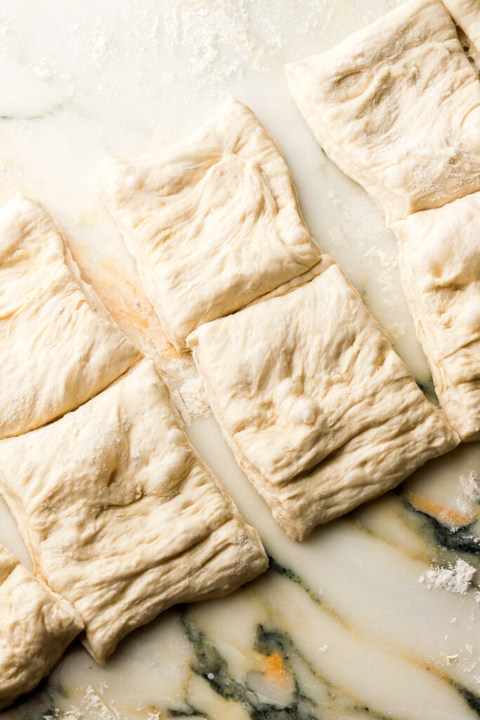 close up of ciabatta dough after it's sliced
