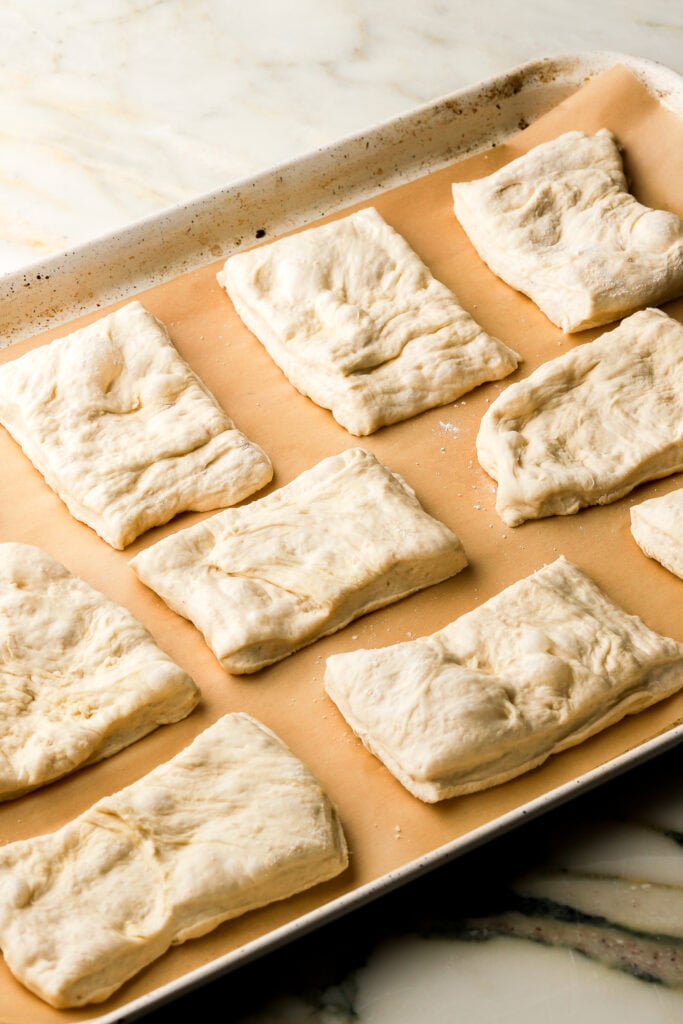 ciabatta dough on prepared pan before second proof