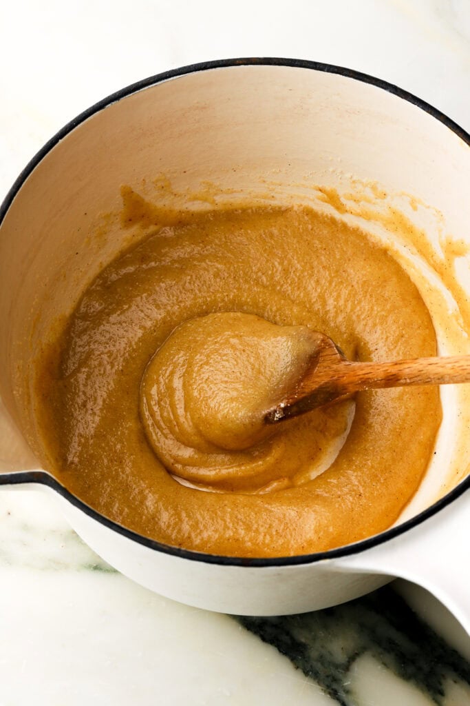 Milk, simple syrup and extracts mixed into butter and flour mixture.