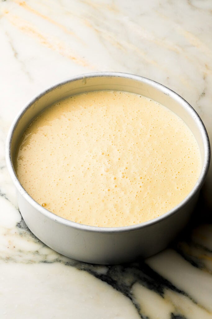 cake batter in prepared cake pan