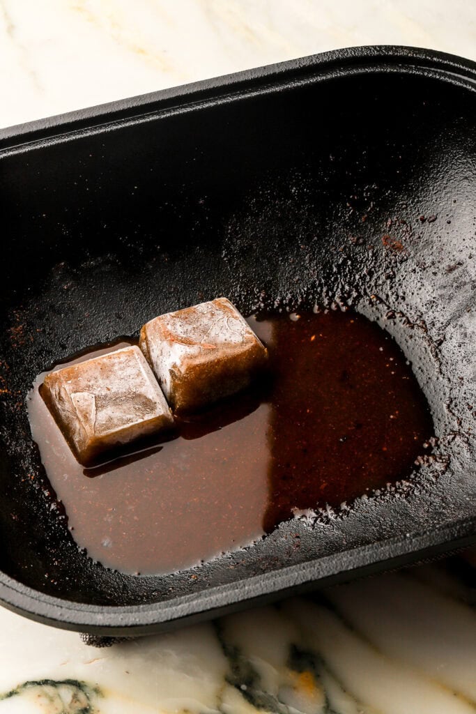 cast iron deglazed with beef broth (frozen cubes) 