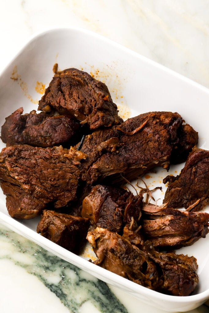 beef chunks transferred to a serving dish.