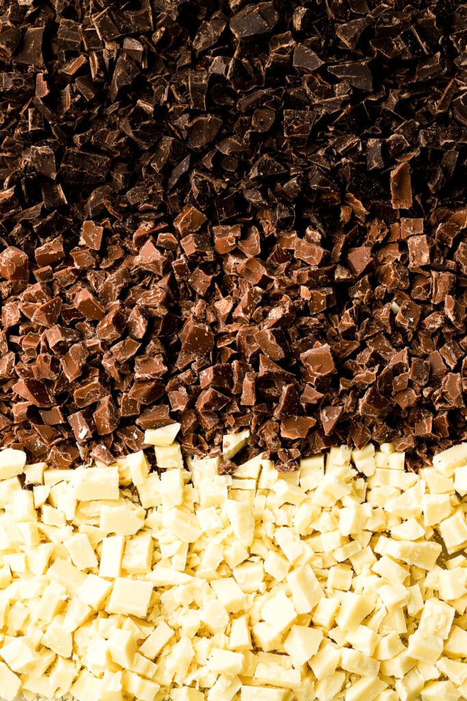dark, white and milk chocolate chopped into tiny pieces