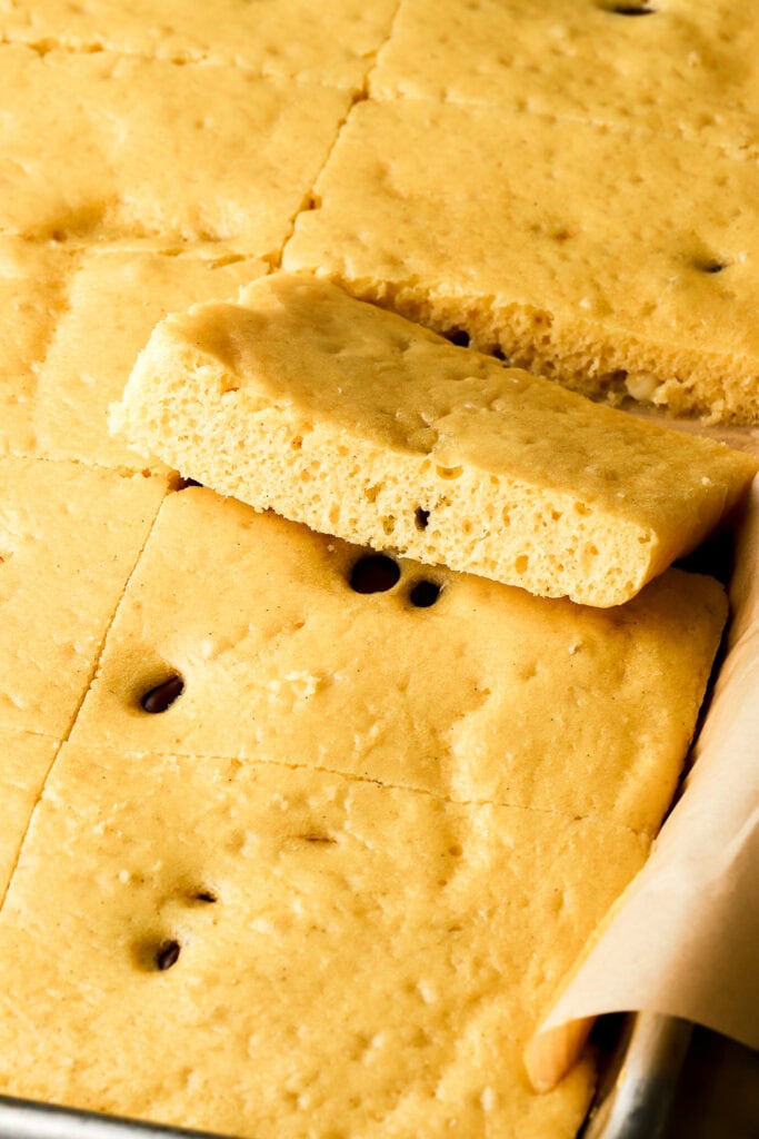 close up texture of the cottage cheese pancakes baked in a sheet pan