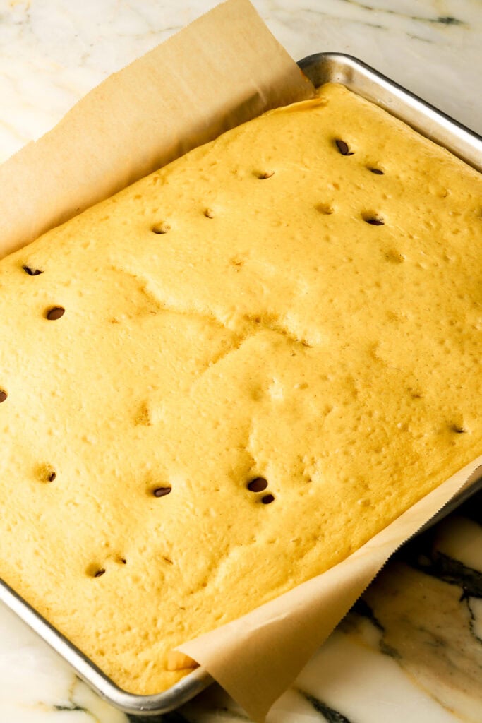 cottage cheese pancakes finished baking in a sheet pan with chocolate chips