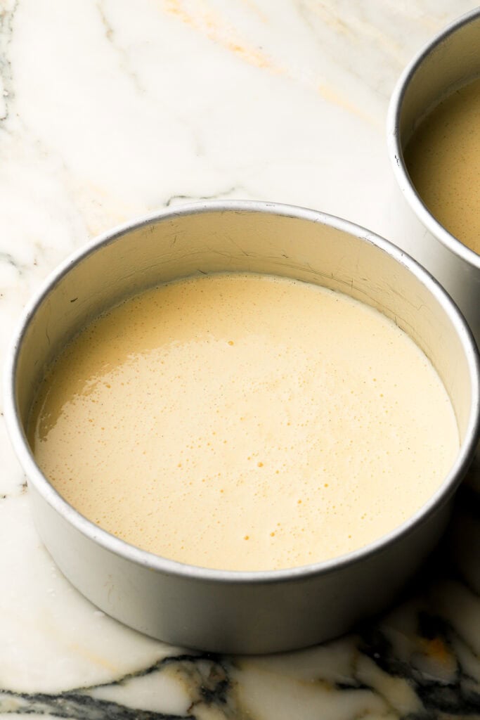 cake batter in prepared pan before baking