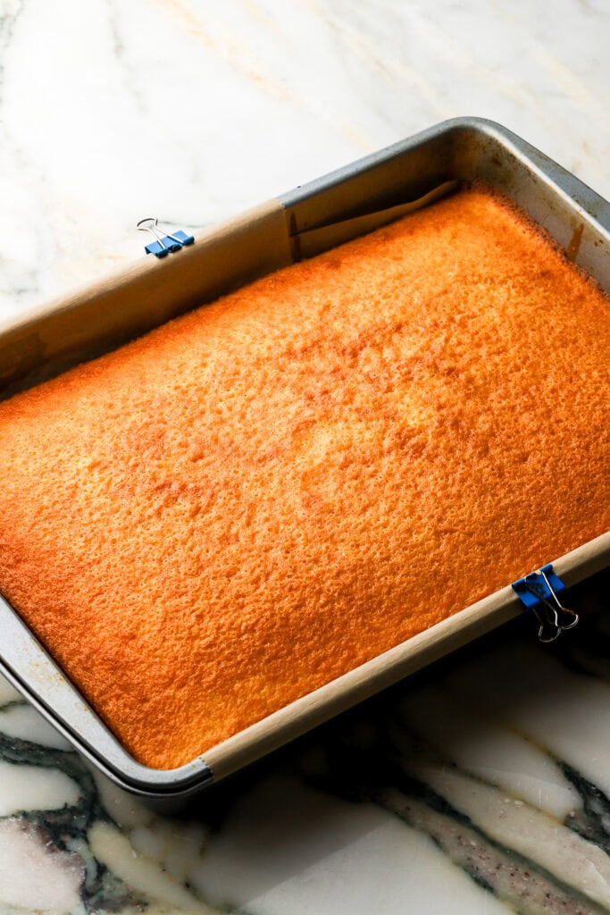 hot milk sponge cake finished baking in 9x13" pan