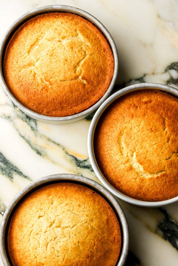 vanilla cakes finished baking in three 6 inch cake pans