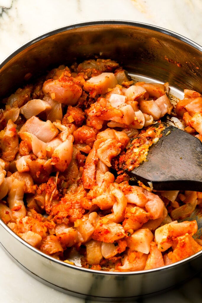 chicken mixed into sauteed vegges and spices