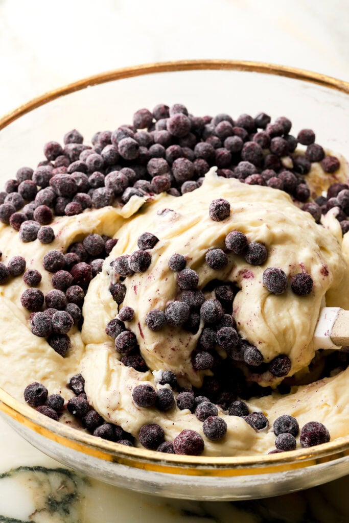 blueberries added on top of finished coffee cake batter