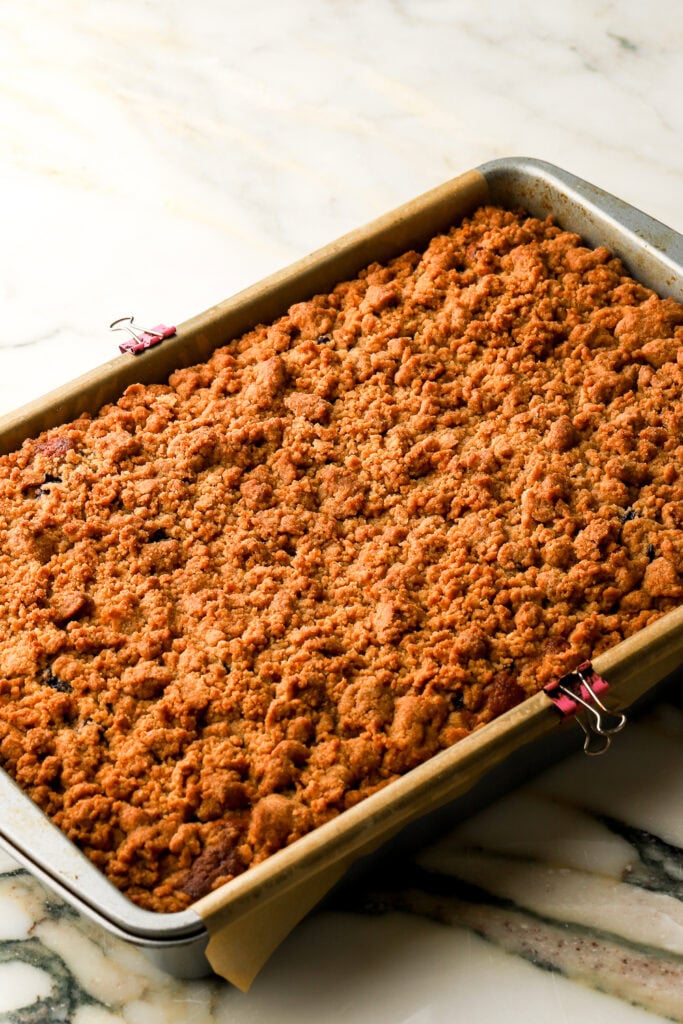 coffee cake topped with streusel in prepared pan after baking 