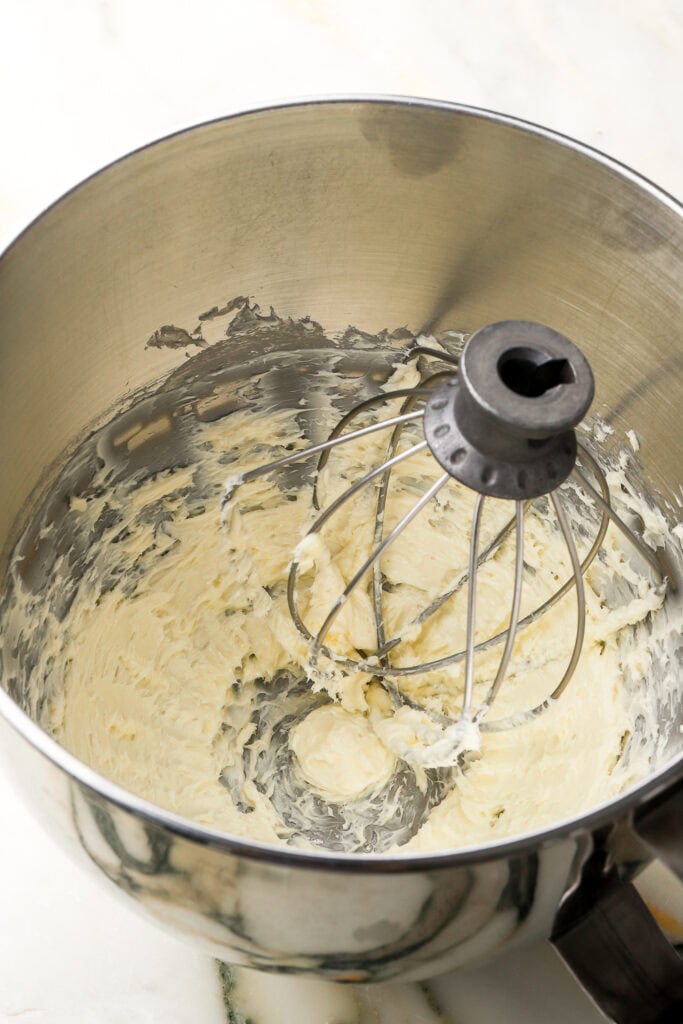 butter and sugar beat for a few minutes in a stand mixer with the whisk attachment