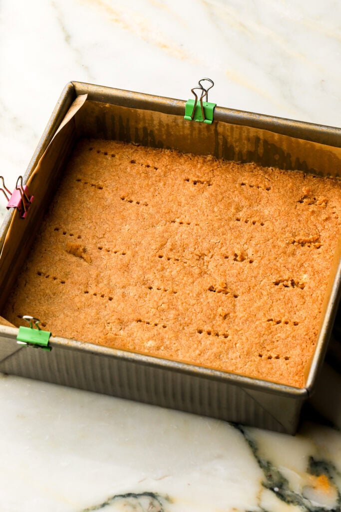 shortbread baked until golden in pan