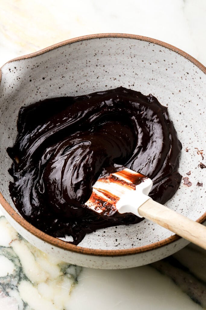 chocolate mixture poured into a heat safe bowl to cool.