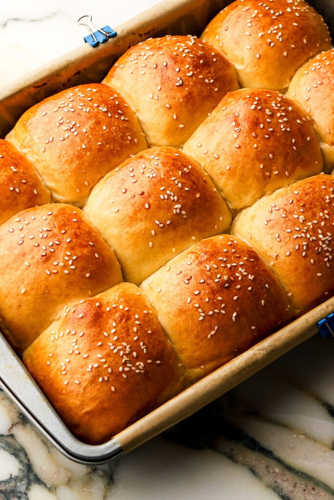 close up of slider buns in pan after baking