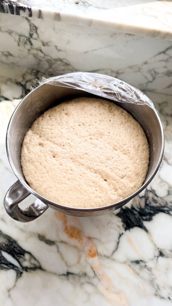 dough after first rise, doubled in size in a stand mixer bowl