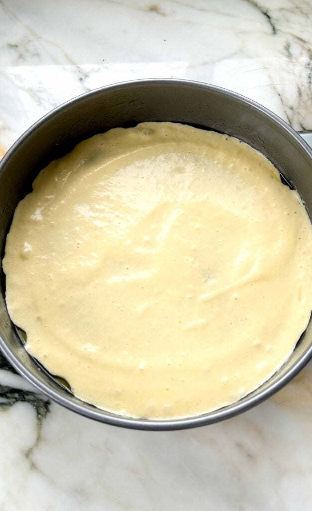 thin layer of cake batter spread into a greased and lined 9 inch pan