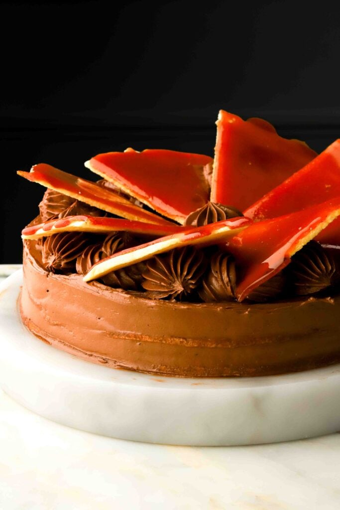 side profile of the finished dobos cake with caramel triangles on top with a black background