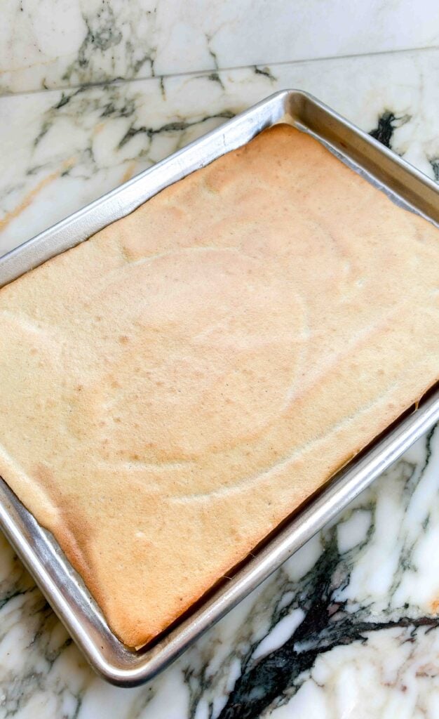 cake finished baking and lightly browned in pan