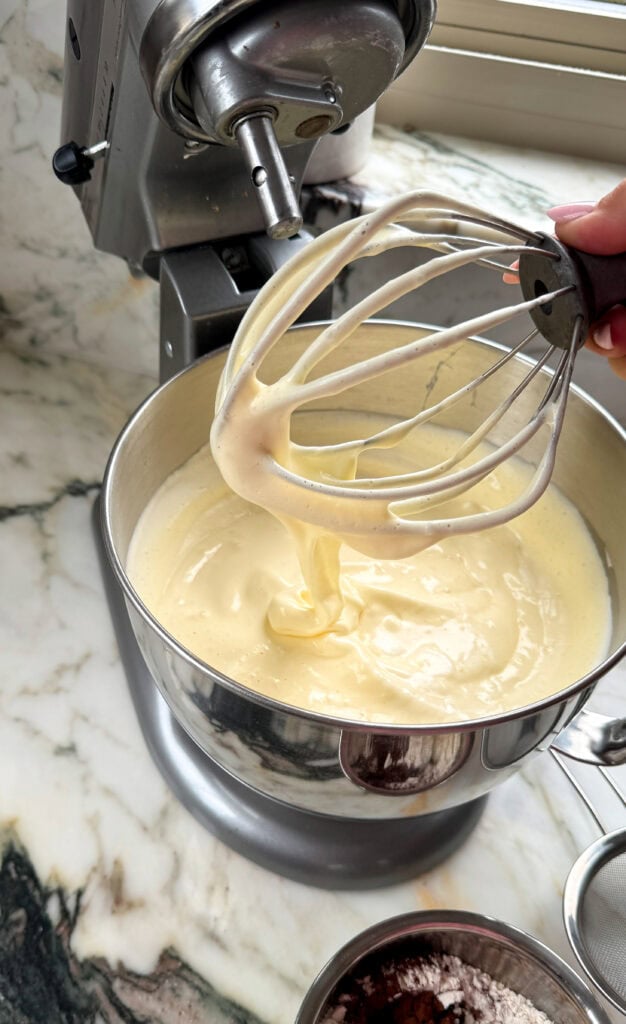 batter halfway through in mixing bowl dripping off whisk attachment