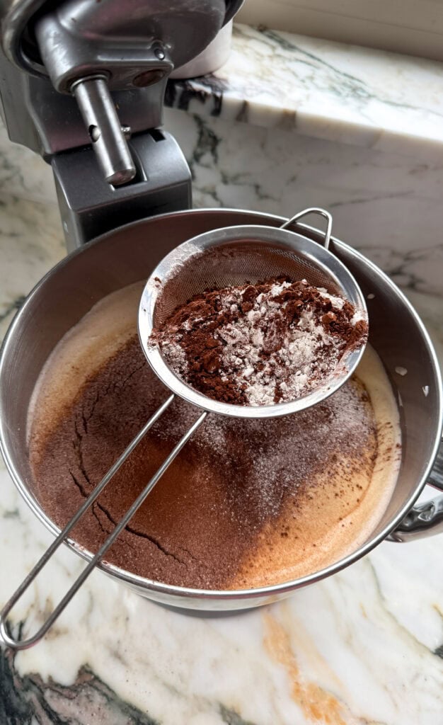 flour and cocoa powder getting sifted into the wet ingredients