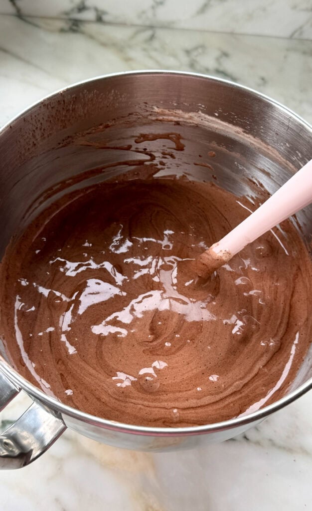 finished batter in mixing bowl with a rubber spatula