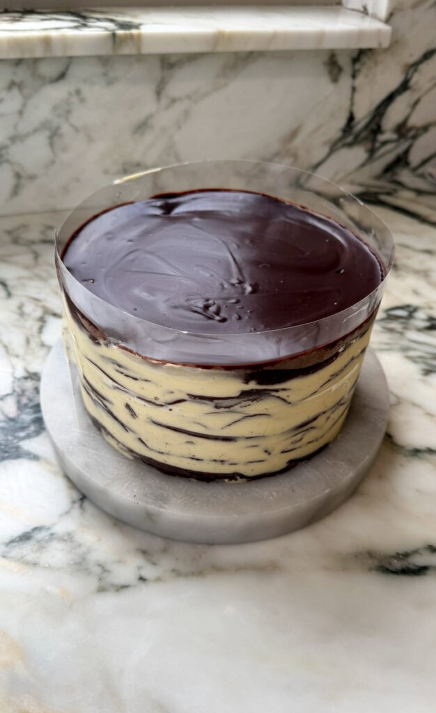 cake fully set in the acetate