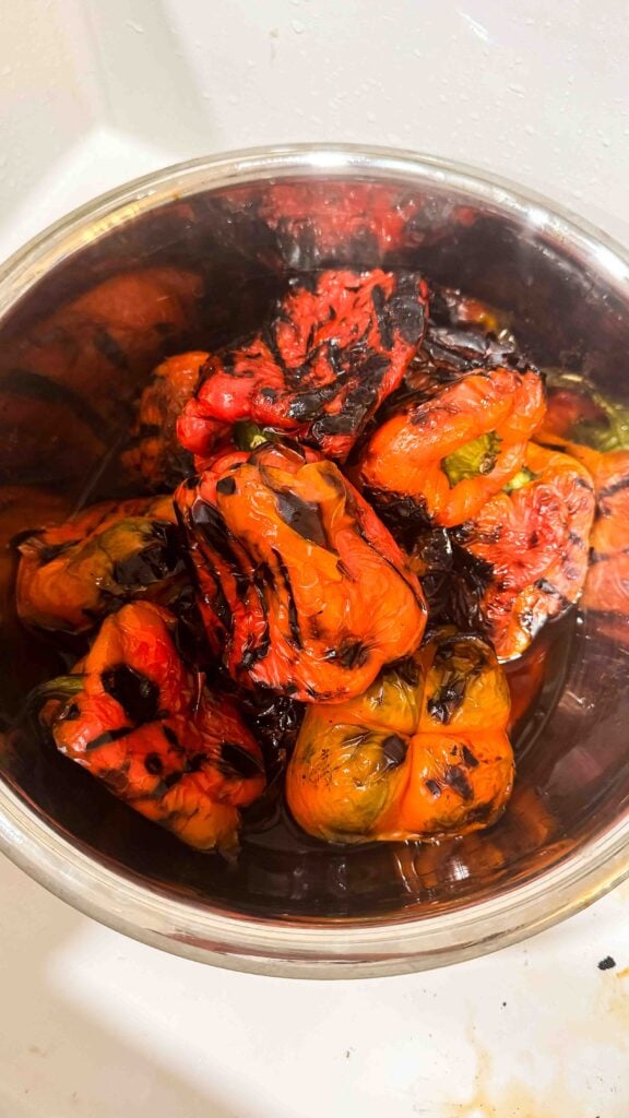 bell peppers roasted and charred, in a bowl