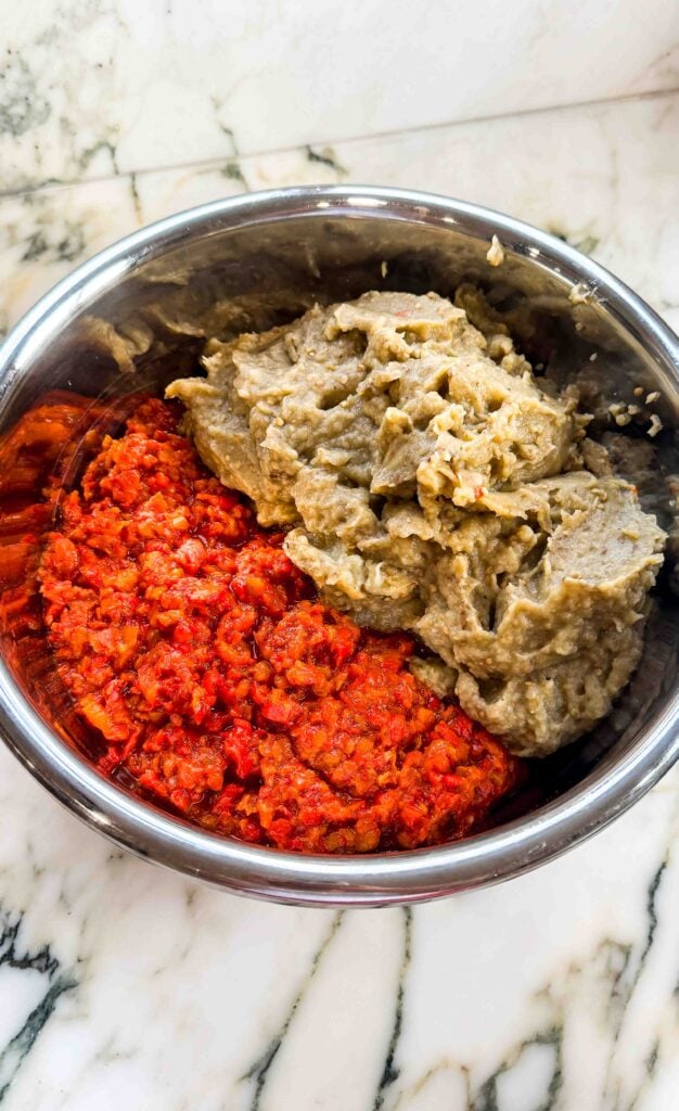 red peppers and egg plants after pulsing in the food processor, draining